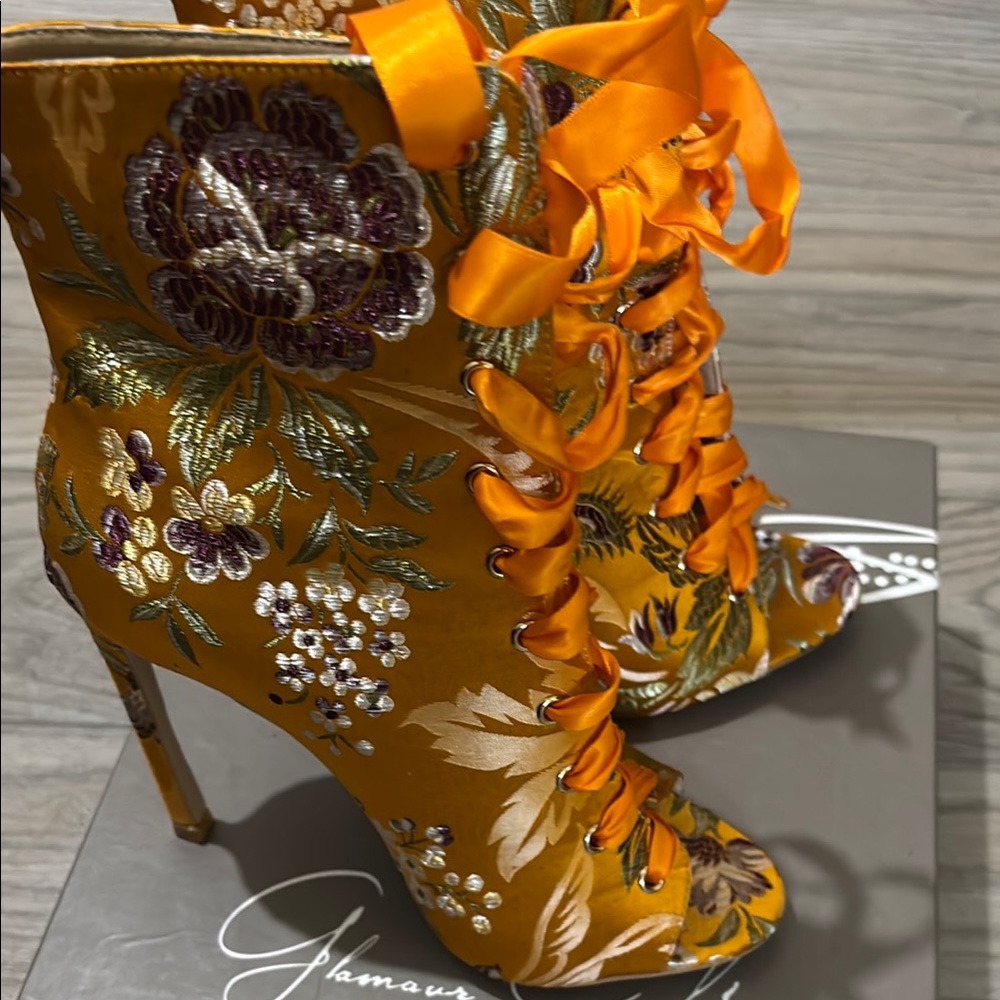 Orange and Yellow Stiletto Heels with Floral Embellishments